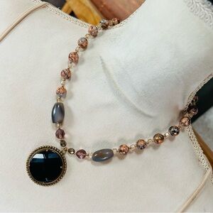 Handcrafted art glass bead crystal dome jet glass pendant necklace